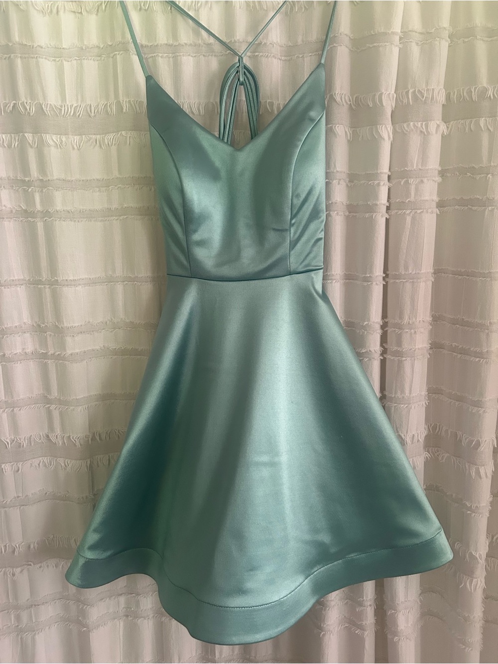 Satin Spaghetti-Strap Fit & Flare Dress in Aqua.